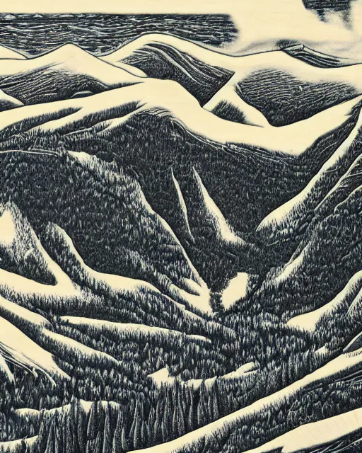 Image similar to an award winning Wood engraving on paper of Canadian mountains