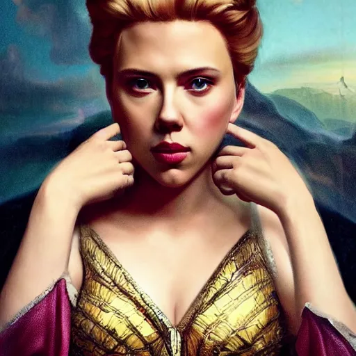 Prompt: scarlett johansson as a glamorous, queen, fantasy, renaissance painting, concept art