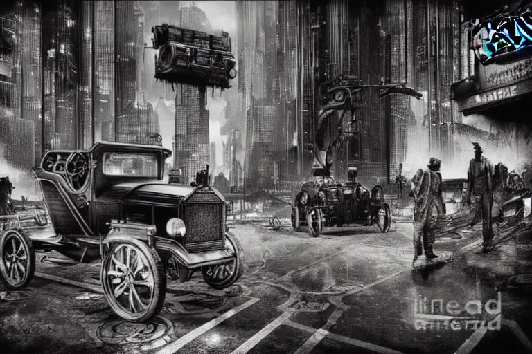 Image similar to cyberpunk 1 9 0 8 model ford t by paul lehr, metropolis, vintage, robotic, black and white photo