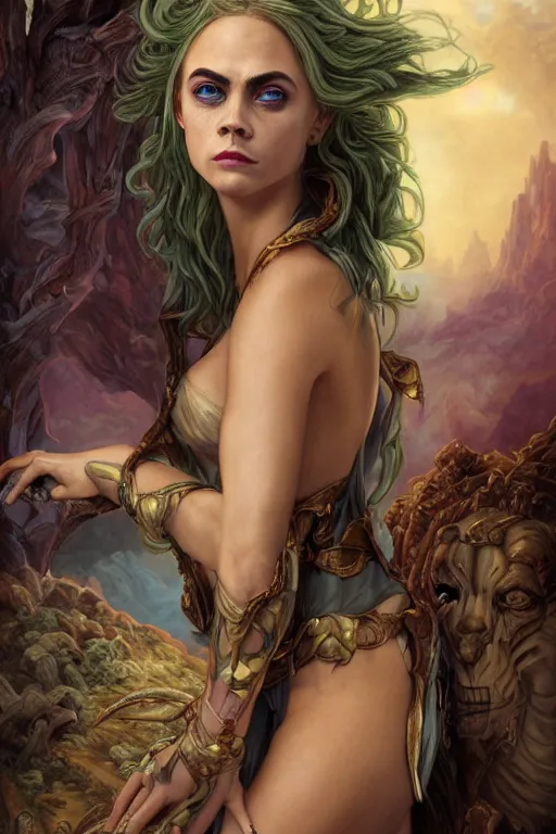 Image similar to A fantasy comic book style portrait painting of Cara Delevingne, Cory Chase, hybrid, as an Atlantean Reptilian Warrior, François Boucher, Oil Painting, Mystical Valkyrie, unreal 5, DAZ, hyperrealistic, octane render, Regal, Refined, Detailed Digital Art, RPG portrait, Michael Cheval, William-Adolphe Bouguereau, Walt Disney (1937), Steampunk, dynamic lighting, Highly Detailed, Cinematic Lighting, Unreal Engine, 8k, HD