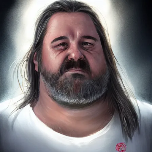 Prompt: portrait of a half fatman half pig with long hair tied in a ponytail, light stubble with red shirt eats kebab ,digital art,photorealistoc,art by greg rutkowski,hyperdetailed,western comic style,comic,comic style,sharp lineart,professional lighting,deviantart,artstation,trevor henderson,rossdtaws,cinematic,dramatic