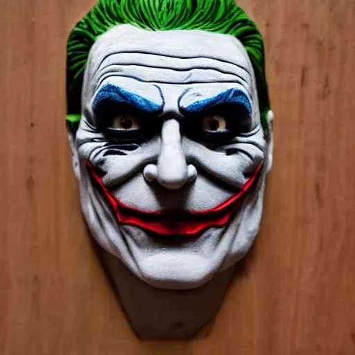 Prompt: The Joker carved in wood