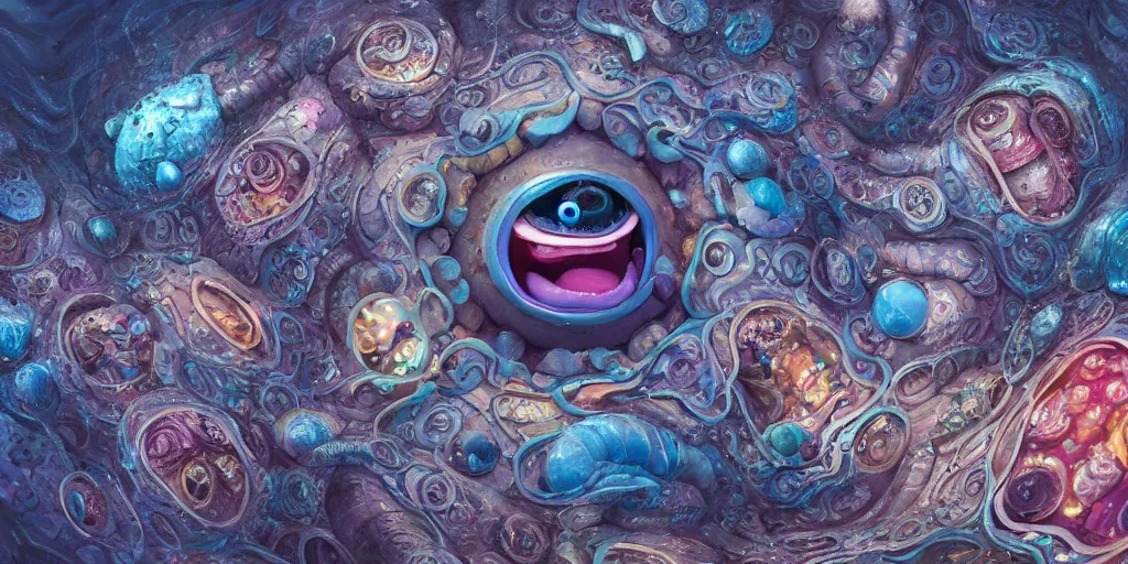 Image similar to of an intricate deep sea with strange cute friendly happy creatures with huge eyes, long tongue, round teeth and goofy funny face, appearing from the background, in the style of gehry and gaudi, macro lens, shallow depth of field, ultra detailed, digital painting, trending artstation, concept art, illustration, cinematic lighting, photorealism, epic, octane render