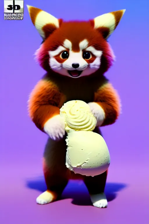 Prompt: high quality 3 d render hyperrealist very cute pastel fluffy! red panda & kaola hybrid eating giant ice cream full body, vray smooth, in the style of detective pikachu, hannah yata charlie immer, very dramatic violet light, low angle, uhd 8 k, shallow depth or field