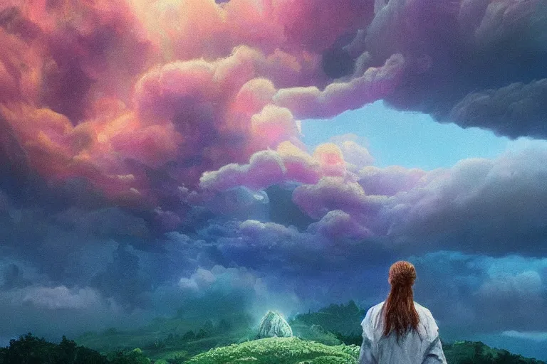 Image similar to closeup giant dahlia flower as head, girl standing on mountain, surreal photography, blue storm clouds, dramatic light, impressionist painting, digital painting, artstation, simon stalenhag