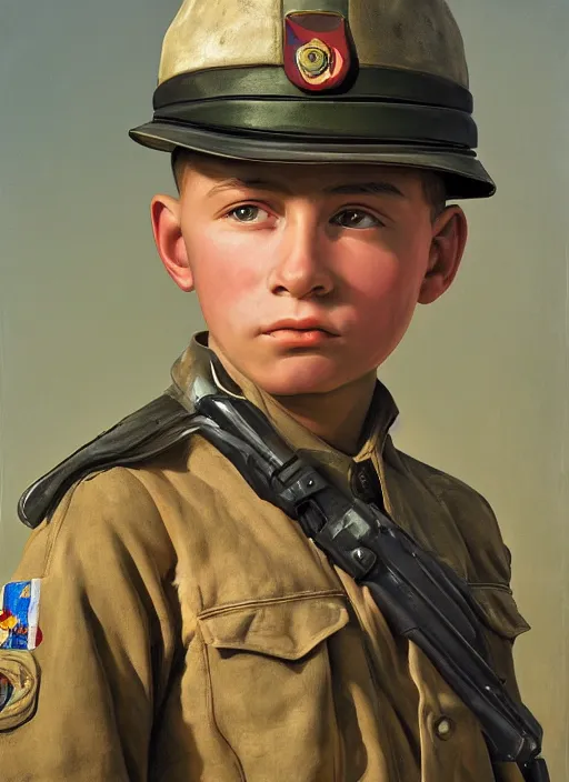 Prompt: portrait of a boy soldier. art by denys tsiperko and manuel sanjulian. detailed, hyperrealism, 8 k resolution