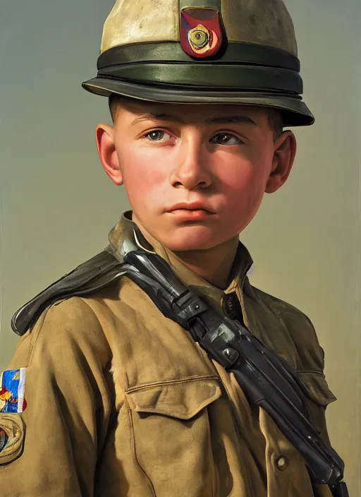 Image similar to portrait of a boy soldier. art by denys tsiperko and manuel sanjulian. detailed, hyperrealism, 8 k resolution