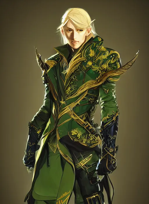 Prompt: Half body portrait of a handsome blonde elven ranger in green and gold intricate jacket. In style of Yoji Shinkawa and Hyung-tae Kim, trending on ArtStation, dark fantasy, great composition, concept art, highly detailed, beautiful face.