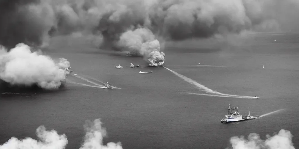 Prompt: punk-punk naval battle, shots fired, clouds of smoke, cinematic wide shot, aerial view, high res, 120 film black and white photograph