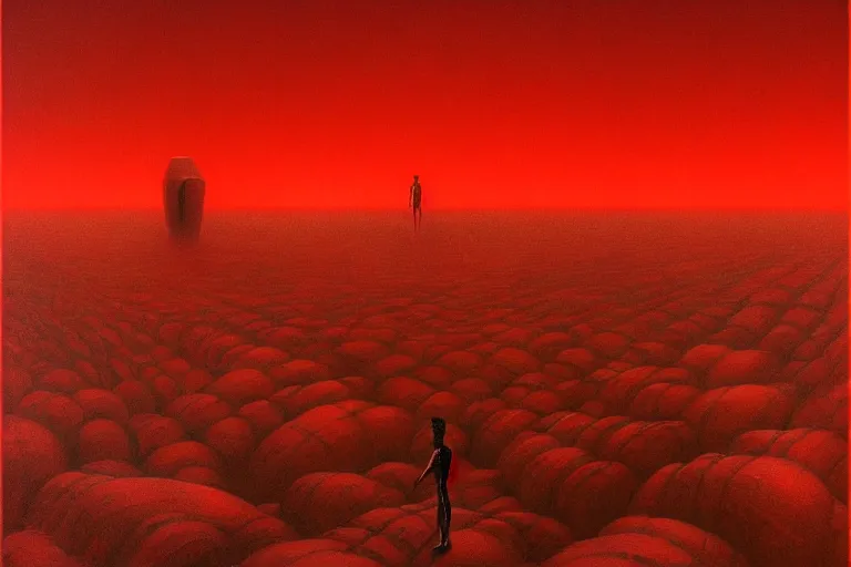 Image similar to only with red, red god of death eat apple, a futuristic city on mars in the background, an ancient path, in the style of beksinski, part by hopper, part by rodcenko, part by hofbauer, intricate composition, red by caravaggio, insanely quality, highly detailed, masterpiece, red light, artstation, 8 k