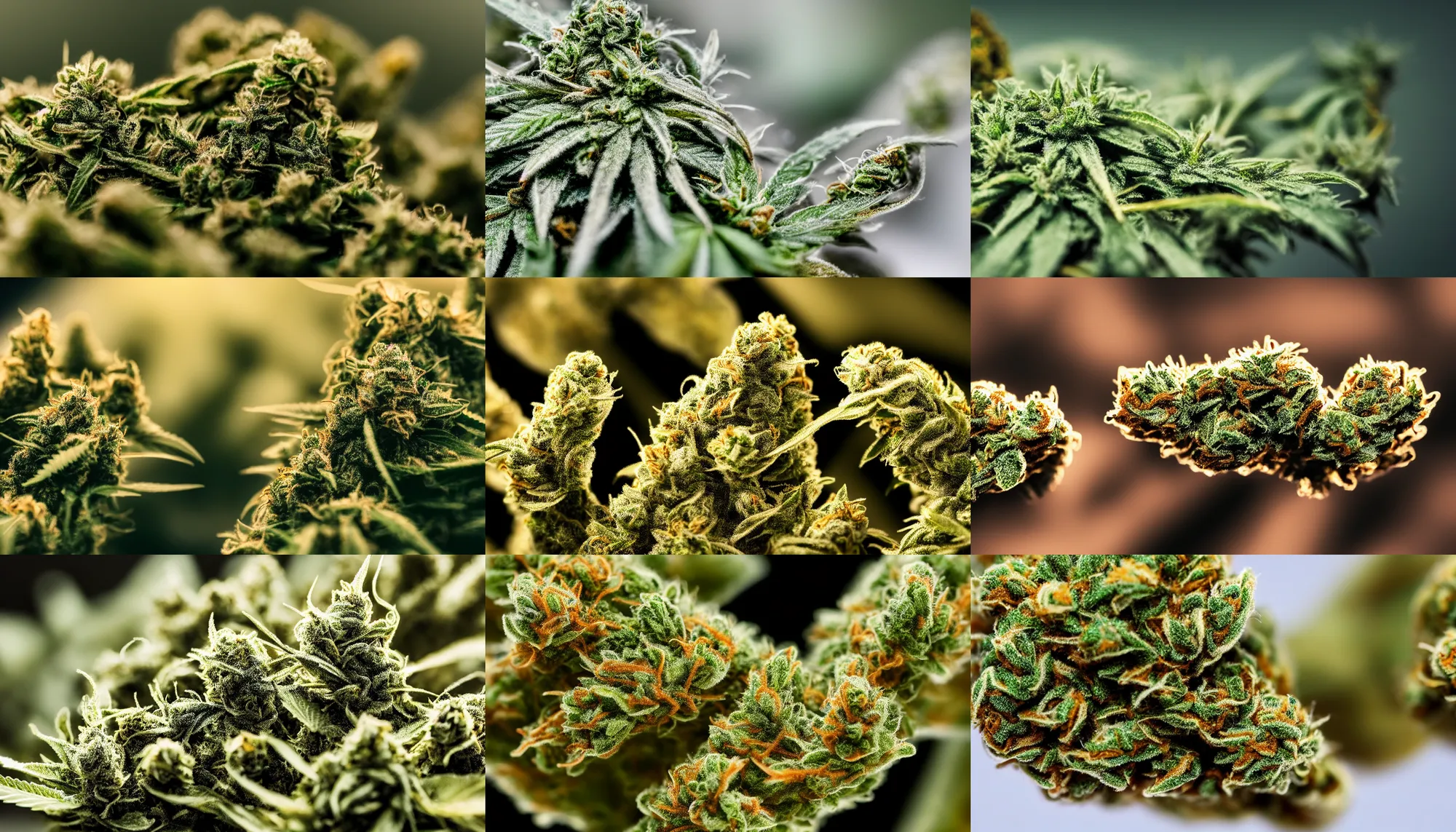 Prompt: macro of cannabis - sativa - trichomes, cinematic lighting, high detail, macro, bokeh