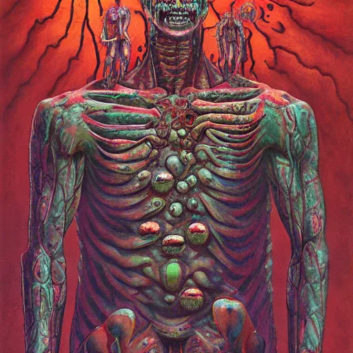 Image similar to a grand scale painting of lament configuration box floating above skinned bloody man in hell by clive barker and alex grey and lisa frank and beksinski