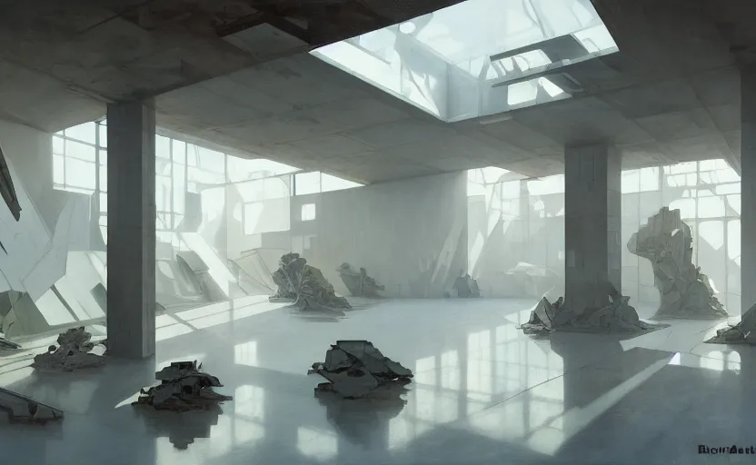Image similar to painting of interior shot of a white concerete brutalist museum with modern contemporary abstract art on the wall by darek zabrocki and greg ruthkowski, alphonse mucha, simon stalenhag and cinematic and blue cold atmospheric, archillect concept art, artstation, trending on artstation