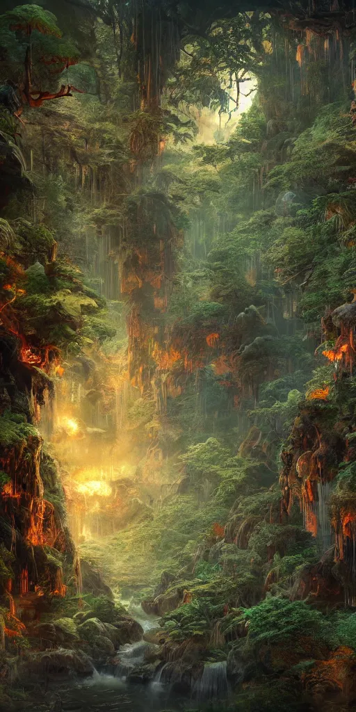Image similar to Intricate detailed illustration, An oriental rainforest with peaceful fire and water giants , cinematic lighting, by Philip Hood, wide angle, volumetric light scattering, 8k, artstation, concept art,
