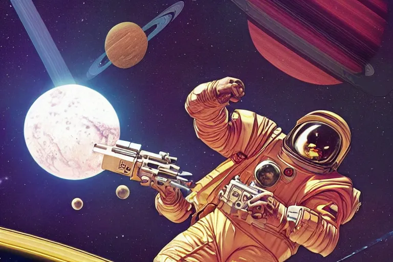 Prompt: an illustration of a space hero with a laser blaster with Saturn filling the background, golden age of sci-fi book cover, by Moebius, 4k, highly detailed