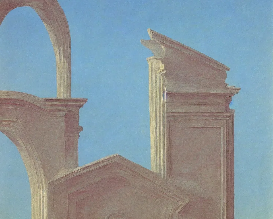 Image similar to achingly beautiful close up painting of a triangular roman pediment on baby blue background by rene magritte, monet, and turner. piranesi.