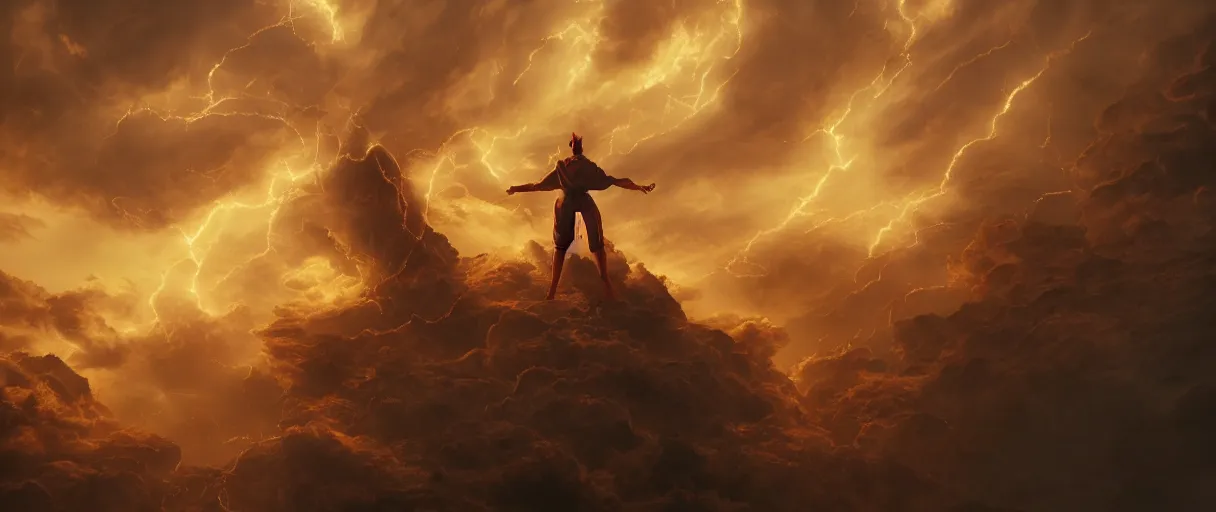 Image similar to God fighting The Devil by Gabriel Garcia Marquez, symmetrical, centered, dramatic angle, ornate, details, smooth, sharp focus, illustration, realistic, cinematic, artstation, award winning, rgb , unreal engine, octane render, cinematic light, macro, depth of field, blur, gold and red light and clouds from the back, 8K,