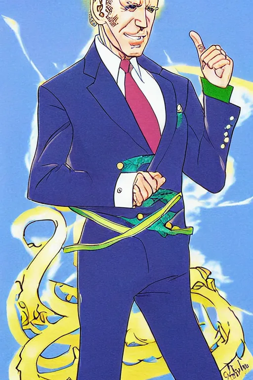 Prompt: Joe Biden as Jotaro Kujo JoJo from JoJo's Bizarre Adventure, anime drawing by Hirohiko Araki, vivid colors, colorful fashion