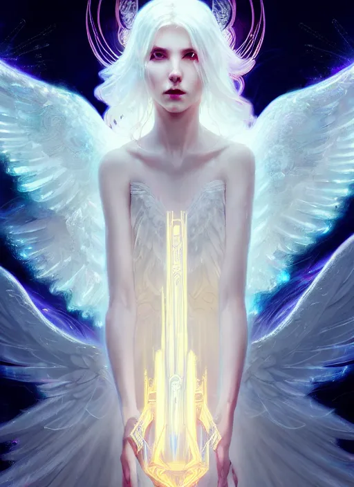 Image similar to a beautiful white haired princess with angel wings, intricate concept art, ethereal, ominous, mysterious, enchanted, cosmic, dramatic lighting, illuminated lines, outrun, vaporware, illuminated runes, cyberpunk darksynth, dark background, 8 k, by ruan jia and krenz cushart and alphonse mucha