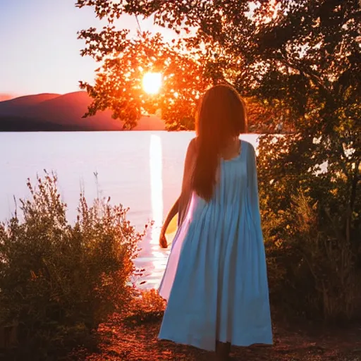 Image similar to a beautiful young woman in a sundress standing by a lake at sunset | soft atmospheric lighting