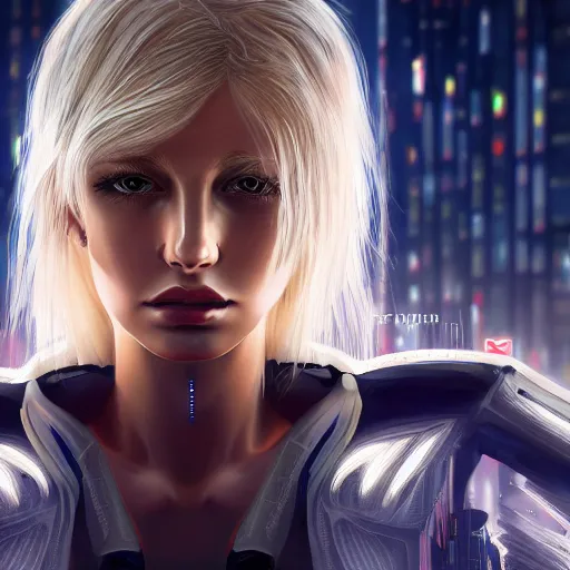 Prompt: pretty blond cyberpunk seraphim in a machine city, perfect symmetrical face, cute face, 8 k, shallow depth of field, 8 k, ultra high detail, concept art, w 1 0 2 4