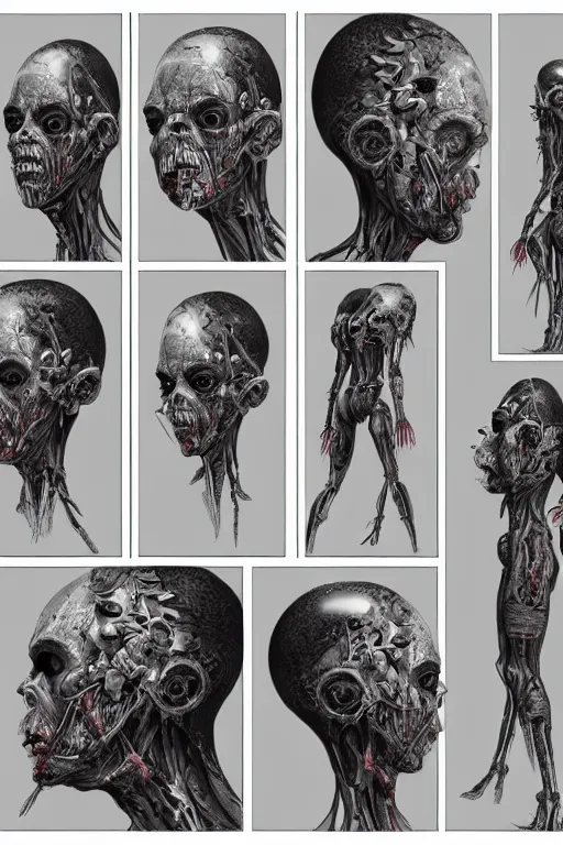 Prompt: cyborg zombie queen with gunmetal grey skin, medical anatomy, very symmetrical face, highly detailed, mecha, three - perspective / three - view reference sheet ( front / back / side ), in the style of james gurney, dan ouellette, hr giger, sil from species, dren from splice, biomechanical, artstation, unreal engine