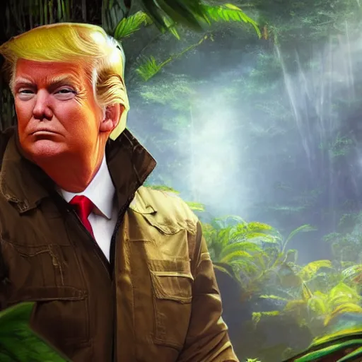 Image similar to handsome donald trump in amazon rainforest, dnd character, background focus, fantasy, magic, realistic textured skin, clear clean, by lya kushinov, avetetsuya studios, alexandra fomina artstation, by makoto shinkai, digital 2 d, matte painting