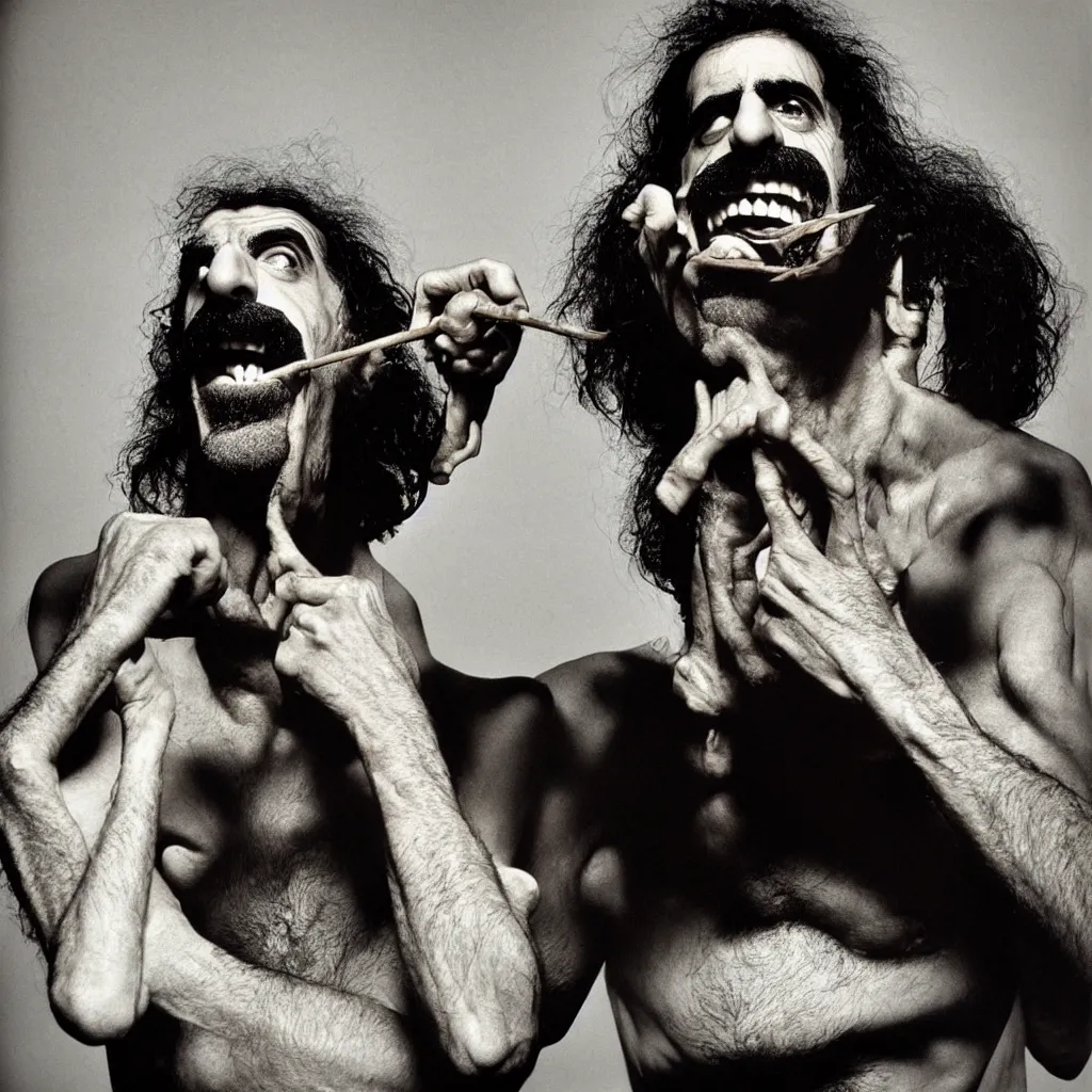 Image similar to award winning photo of frank zappa eating himself, vivid colors, happy, symmetrical face, beautiful eyes, studio lighting, wide shot art by Sally Mann & Arnold Newman