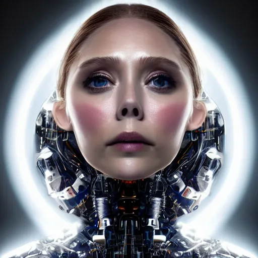 Image similar to beautiful centered Fine art photo portrait of enraptured Elizabeth Olsen as a solarpunk robotic humanoid, white mechanical parts with led lights, photorealistic, white background, highly detailed and intricate, sunset lighting, HDR 8k