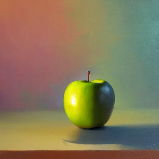 Prompt: Painting of a apple made of crystal, the sun illuminating the apple from within, oil on canvas by Buchholz Quint, artstation trending, 8k