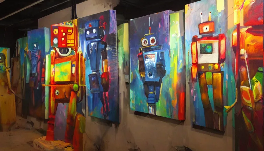 Image similar to robots! painting on canvases in a decrepit art gallery, dramatic lighting