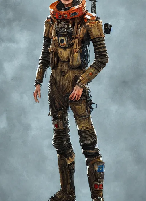 Prompt: detailed full body concept art illustration oil painting of a david bowie pilot in full intricate clothing, ultra detailed, digital art, octane render, 4K, dystopian, micro details