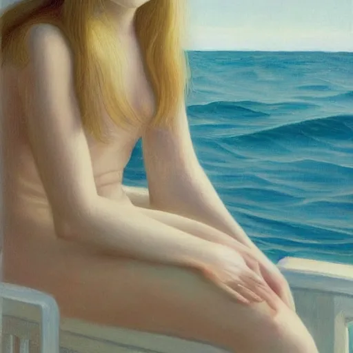 Prompt: Painting of Elle Fanning lost at sea, long blonde hair, delicate, pale milky white porcelain skin, by Edward Hopper. 8K. Extremely detailed.