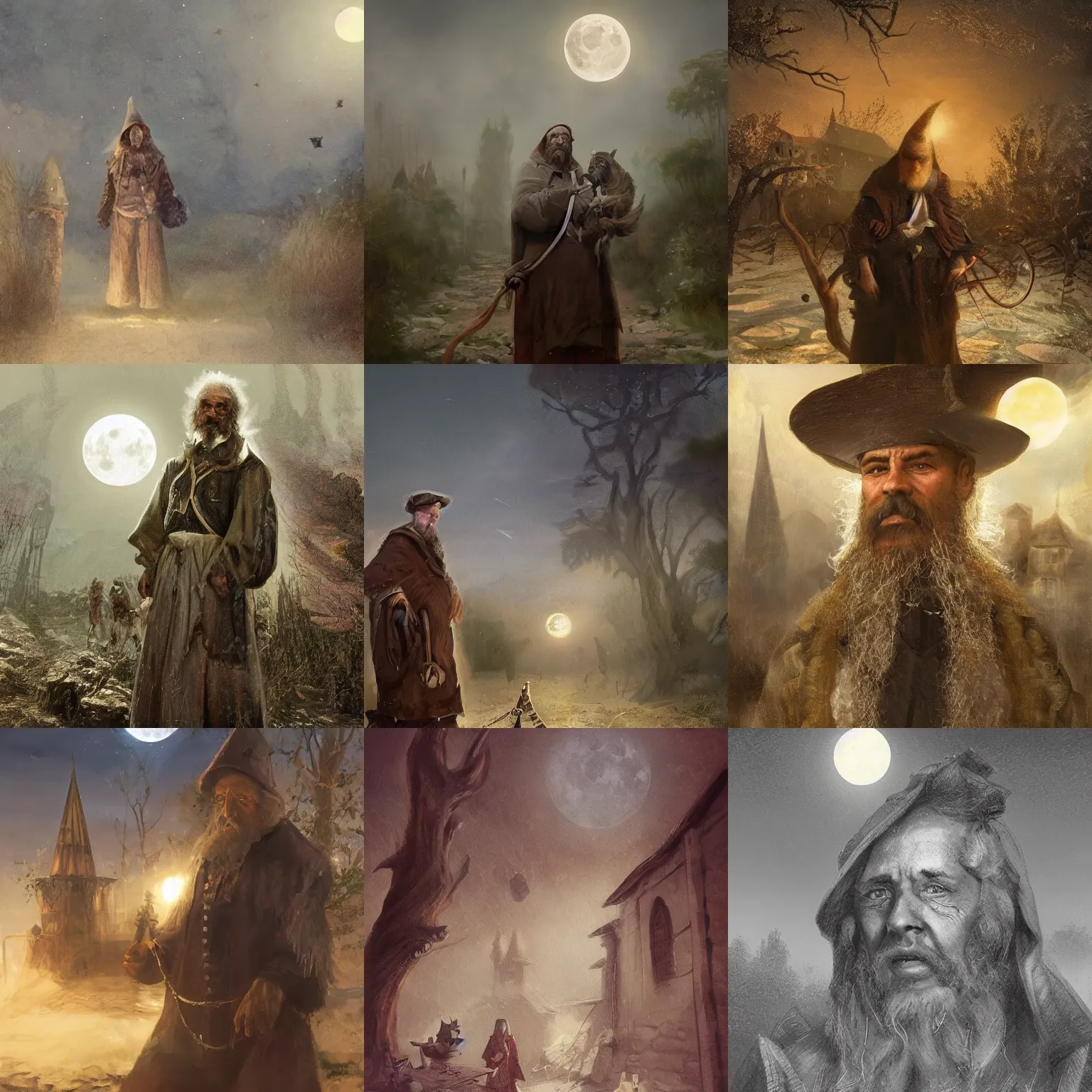 Image similar to portait of a 1 9 th century hungarian wizard in a hungarian village. atmoshperical, full moon,, magical, natural lighting, dust, soft focus, fantasy concept art by munkacsi, csok istvan, barabas miklos and hollosy simon, trendgin in artstation