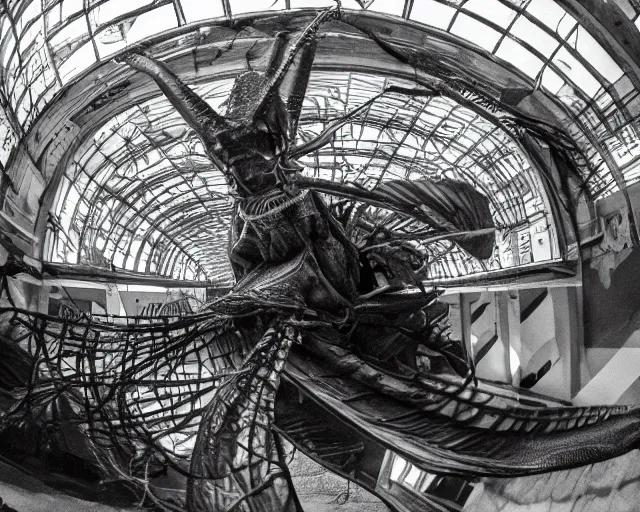 Image similar to camera footage of a giant Mantis in an abandoned shopping mall, high exposure, dark, monochrome, camera, grainy, CCTV, security camera footage, timestamp, zoomed in, fish-eye lense, Preying Mantis,