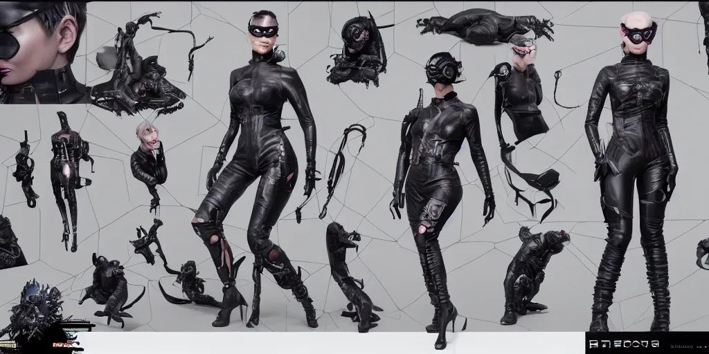 Prompt: cyberpunk catwoman, character sheet, concept design, contrast, hot toys, kim jung gi, greg rutkowski, zabrocki, karlkka, jayison devadas, trending on artstation, 8 k, ultra wide angle, pincushion lens effect