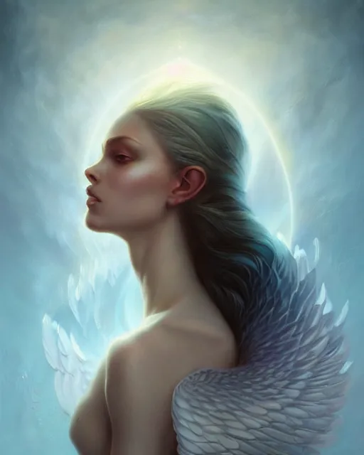 Prompt: elegant feathered beauty portrait cloaked in ethereal light, halo of light, fantasy art by artgerm, peter mohrbacher