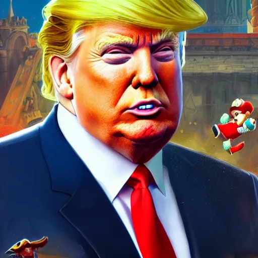 Image similar to donald trump as super mario, highly detailed, digital painting, artstation, concept art, smooth, sharp focus, illustration, art by artgerm and greg rutkowski and alphonse mucha