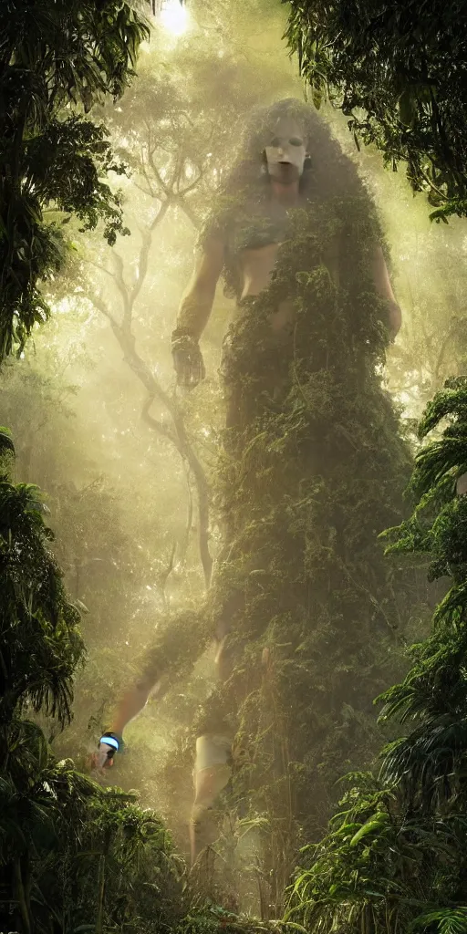 Image similar to hidden in the thick jungle, egyptian giant statue of ra wrapped in vines and overgrowth, with light from the sun breaking out from between the canopy of trees, ruins in the distance, a small man approaches showing scale of big statue, accurate to egyptian tradition, light rays breaking through tree canopy, dynamic lighting, emotional, hyper detailed, art by christophe vacher