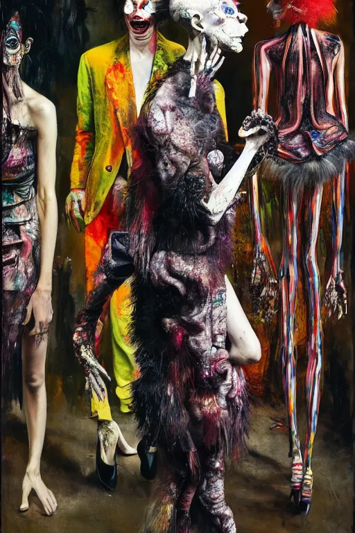 Image similar to crazy fashion catwalk, freak show, crazy clothes, biopunk style, horror, hauntingly surreal, highly detailed painting by francis bacon, edward hopper, adrian ghenie, gerhard richter, and james jean soft light 4 k,