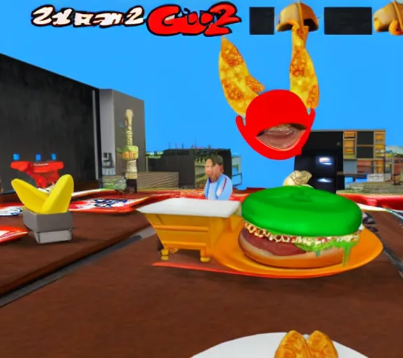 Prompt: screencap of guy fieri ps 2 play station 2 burger eating minigame, ign screenshot, 3 d graphics, stylized character models, game ui, hq image