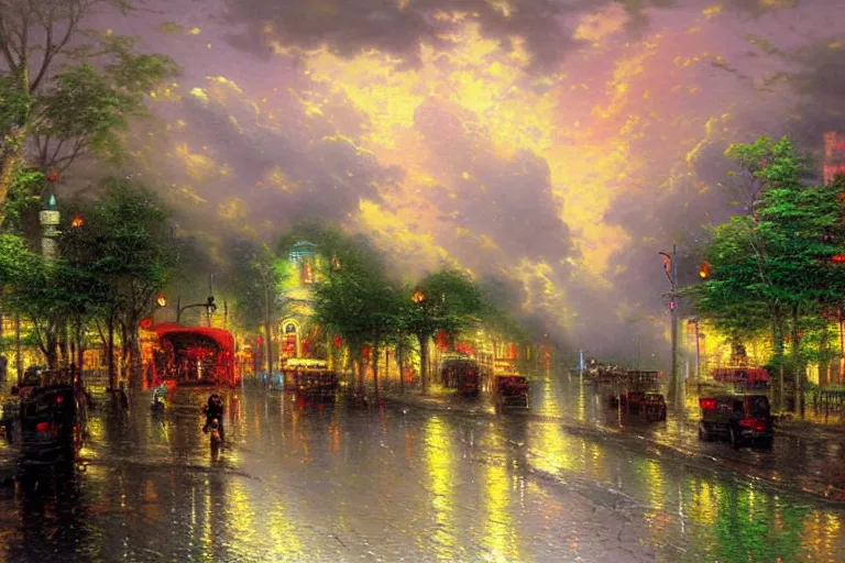 Prompt: Green skies over the city during a thunderstorm by thomas kinkade