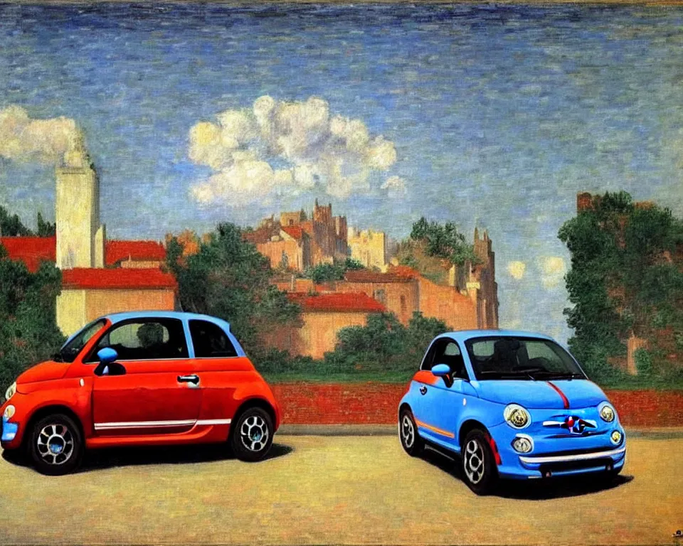 Prompt: achingly beautiful painting of a 2 0 1 3 fiat 5 0 0 abarth by rene magritte, monet, and turner. whimsical.
