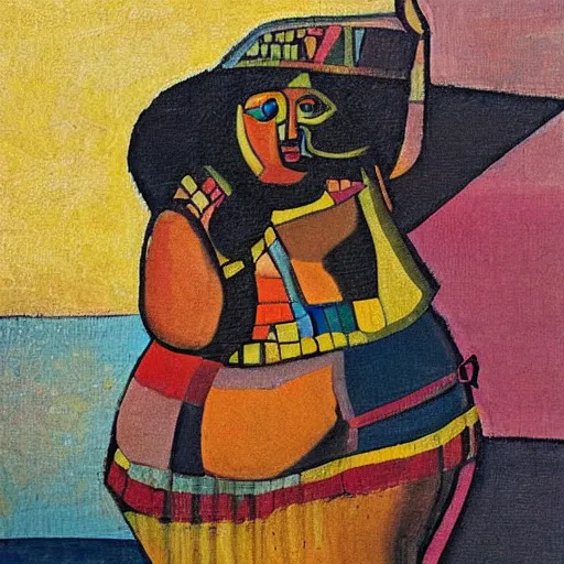 Image similar to fat mayan woman dancing, brilliant sunset, cubism, muted colors, texture