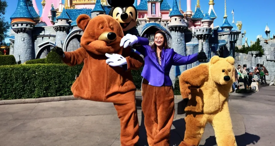 Prompt: disneyland in paris, with a giant bear with a suit