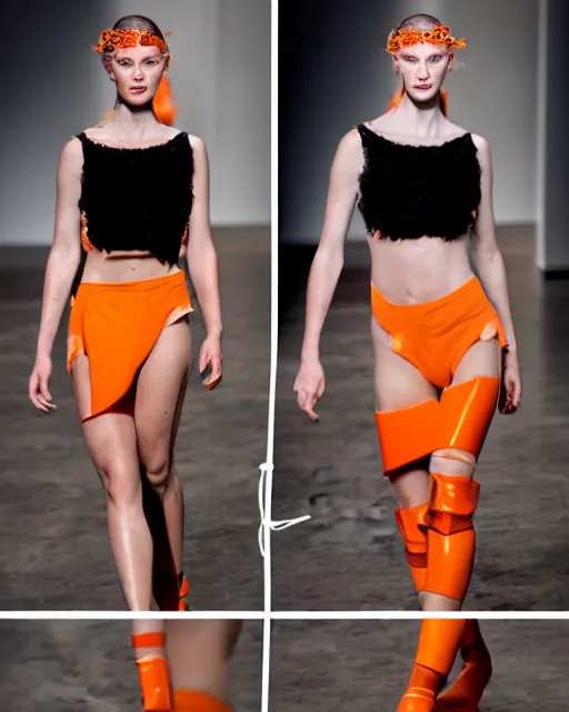 Image similar to multi panel storyboard of olivia wearing an outfit made of orange peels, runway model at new york fashion week, sporty physique, black hair, freckles, pale skin, multiple angles, photo by greg rutkowski, stage lighting, soft colors, female beauty, intricate detail, elegance, 3 5 mm, depth of field, masterpiece