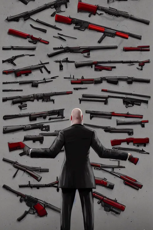 Image similar to a portrait of agent 4 7 from hitman choosing a weapon from a wall full of guns, dark background, red rim light, highly detailed, digital art, artstation, concept art by giger stalenhag