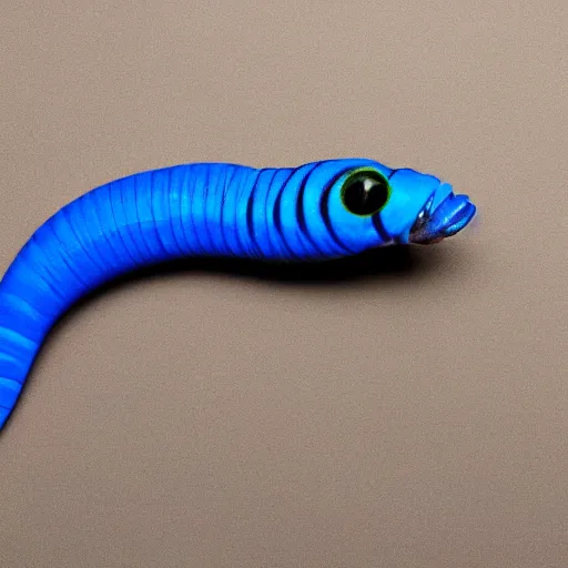 Image similar to studio photograph of a matte dark gray worm with a neon blue head and tail