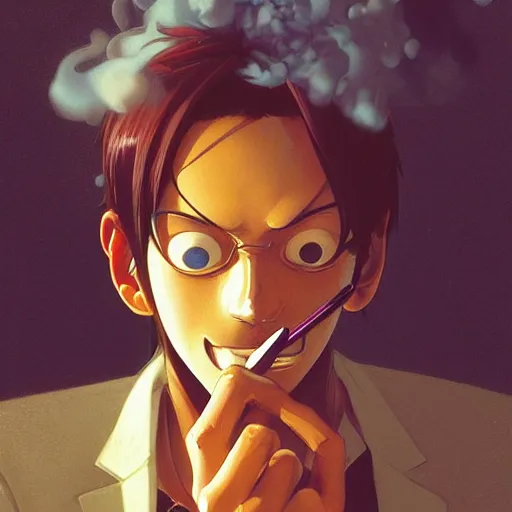 Image similar to highly detailed vfx portrait of sanji smoking a cigarette by eiichiro oda!, greg rutkowski, loish, rhads, beeple, makoto shinkai, tom bagshaw, alphonse mucha, sharp focus, art by artgerm and greg rutkowski, stanley kubrick, backlit, harsh overhead sunlight,