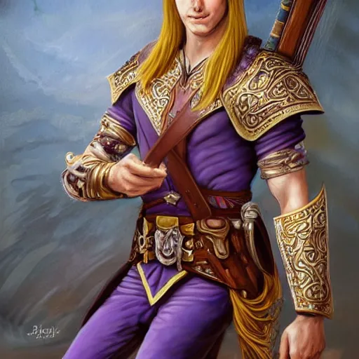 Prompt: d & d realistic painting portrait of a cheerful half elf male bard wearing a ornate purple leather armor. medium length brown hair, well groomed with brown eyes. clean shaven. holding a leather bound book open and writing in it with a fountain pen. sitting at a tavern table. hyper detailed